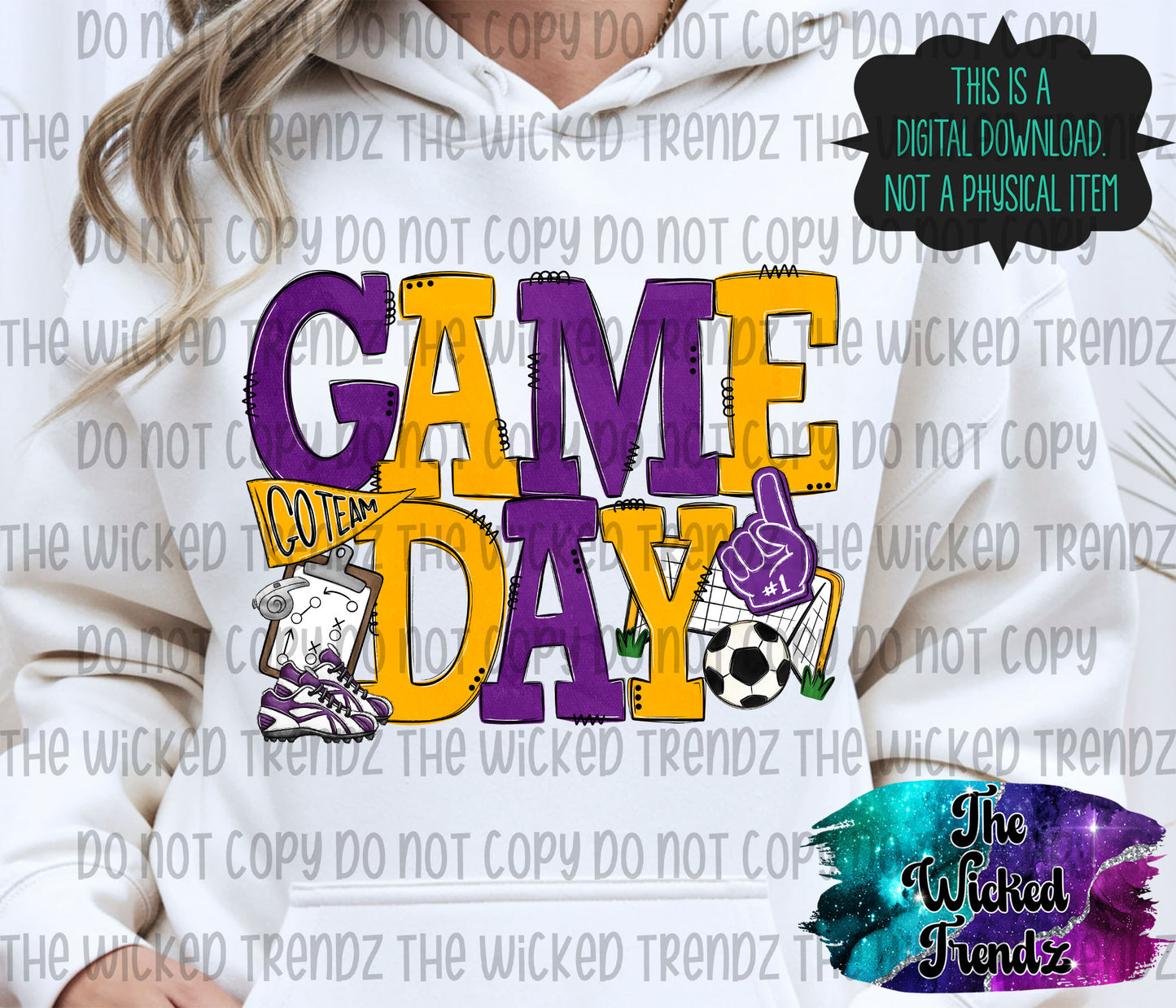 Game Day Soccer Team Purple and Yellow Colors Mascot Digital Design