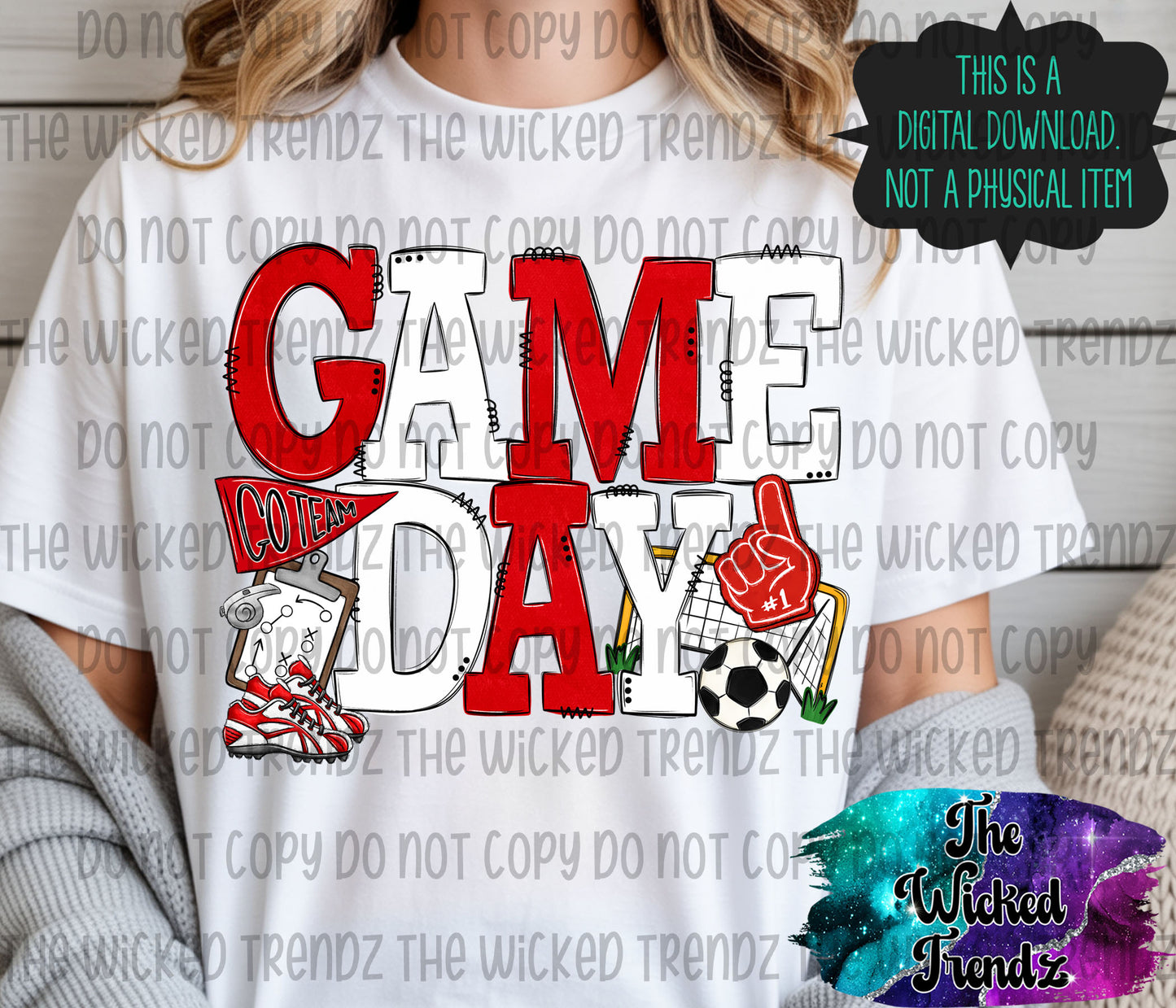 Game Day Soccer Team Red and White Colors Mascot Digital Design