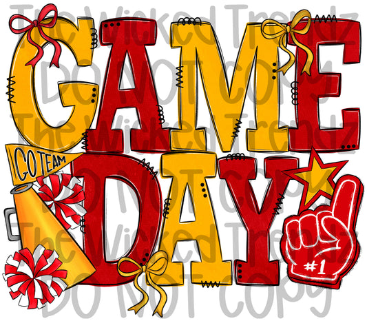 Game Day Red and Yellow Cheer Cheerleading Digital Design Spirit Shirt Design
