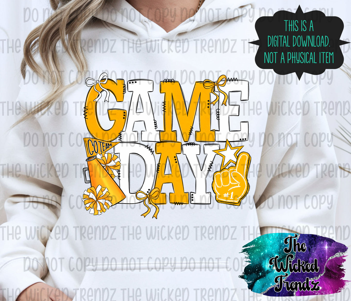 Game Day Yellow and White Cheer Cheerleading Digital Design Spirit Shirt Design