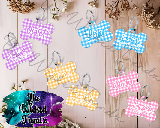 Gingham Pattern Plaid New Puppy Pet ID Dog Tag Personalized Custom Dog Name Phone Number