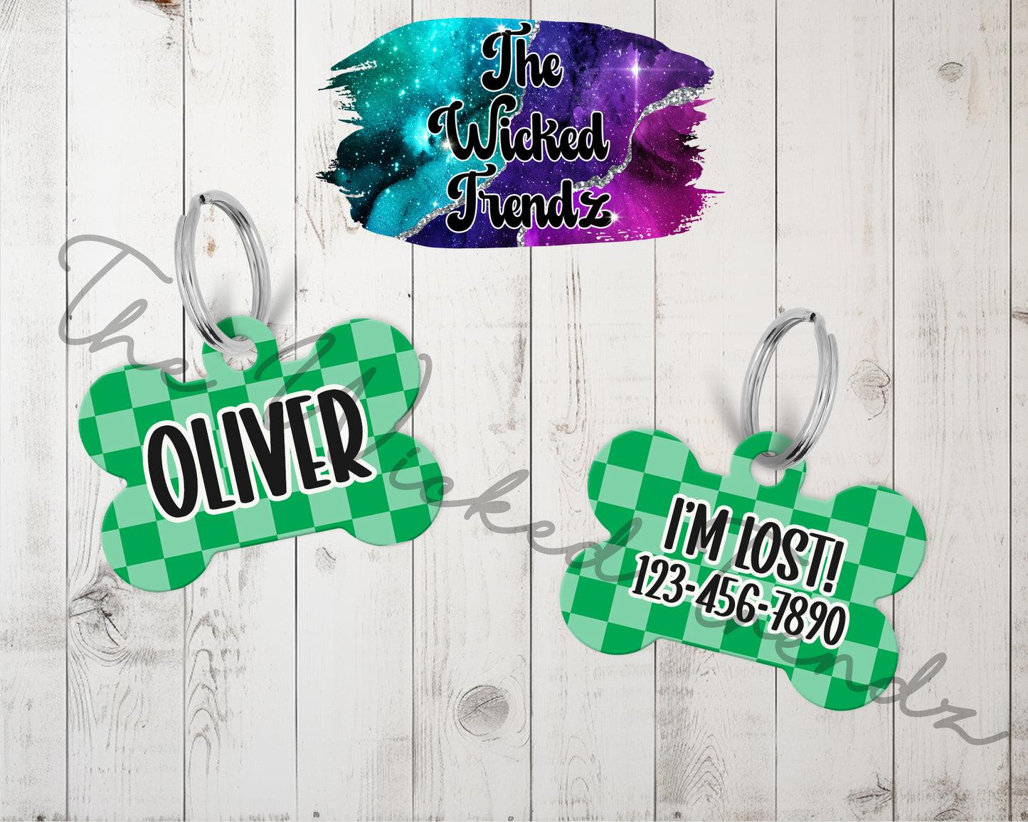 Checkered Print Pattern Retro Puppy Pet ID Dog Tag Personalized Custom Dog Name Phone Number