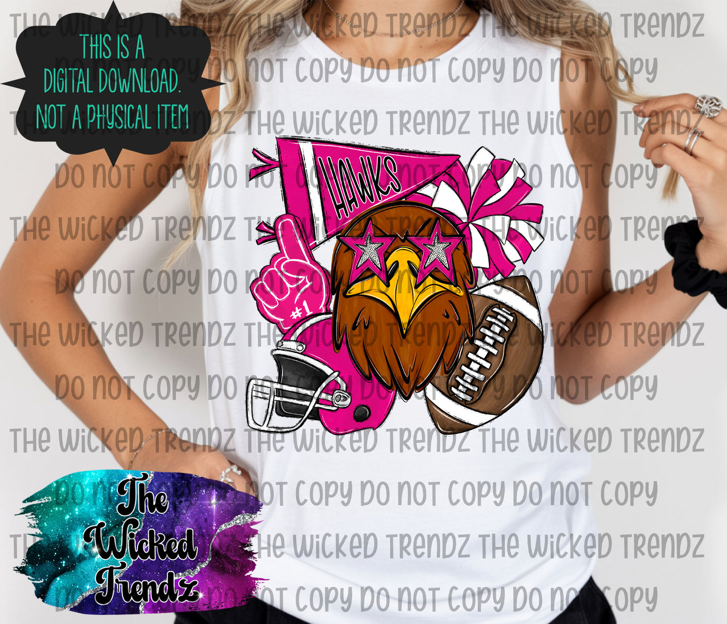 Hawks Pink Out Football Cheer Mascot Digital Design October Awareness