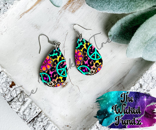 Peace Sign 70s Flowers Groovy Leopard Dangle Earrings Tear Drop Earring Lightweight Earring