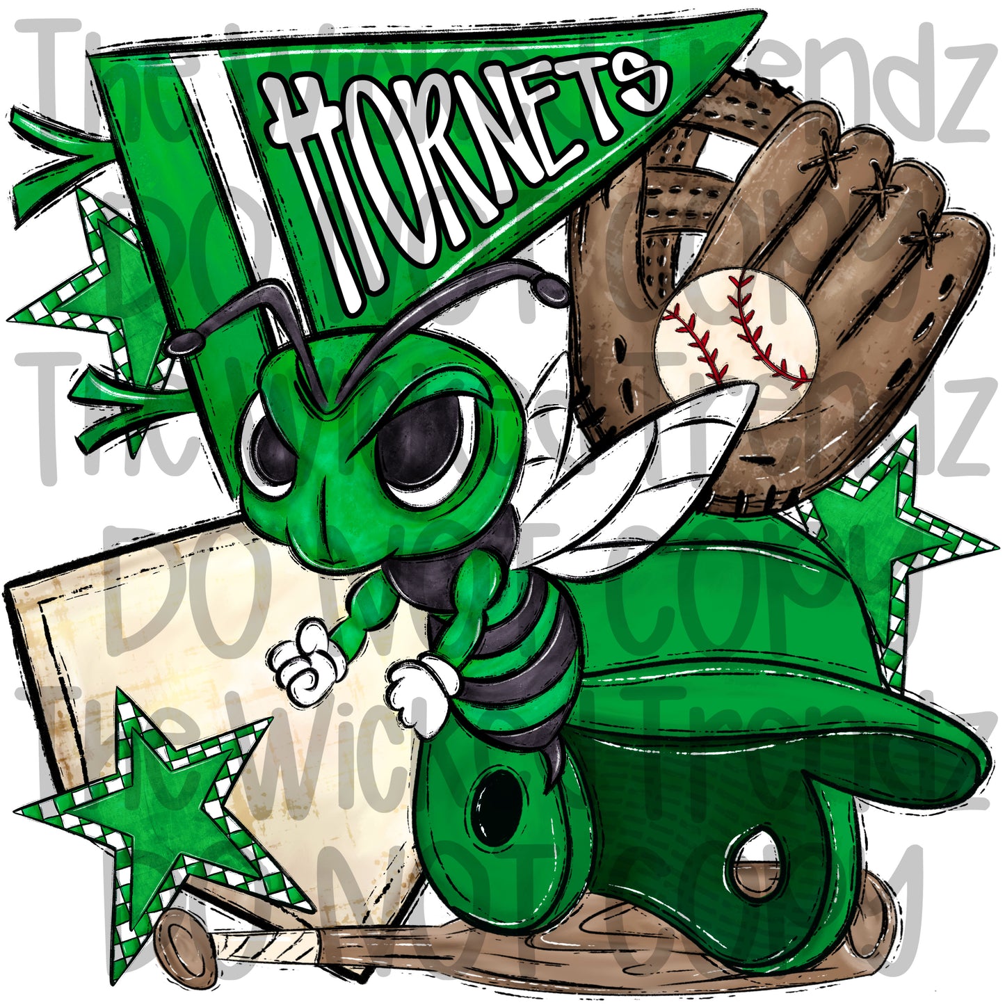 Hornets Green Baseball Team Mascot Digital Design