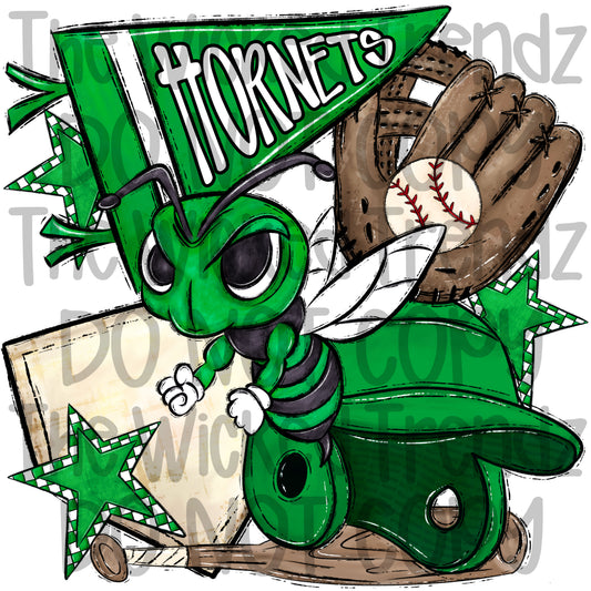 Hornets Green Baseball Team Mascot Digital Design