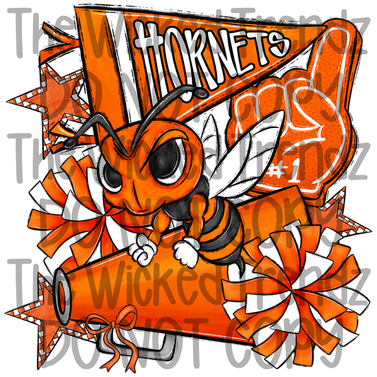 Hornets Orange Cheer Cheerleading Cheerleader Mascot Digital Design Spirit Shirt Design