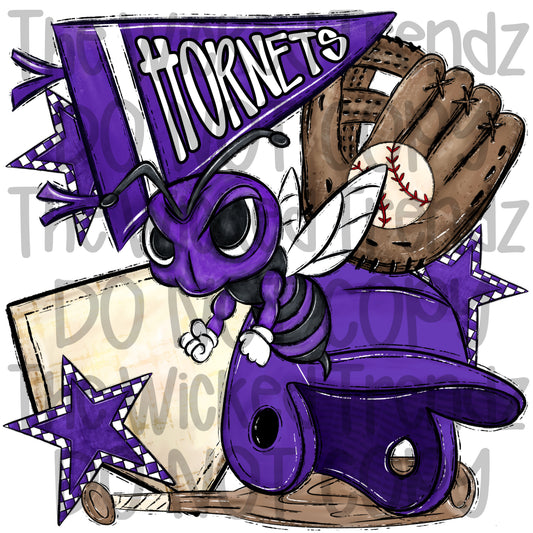 Hornets Purple Baseball Team Mascot Digital Design