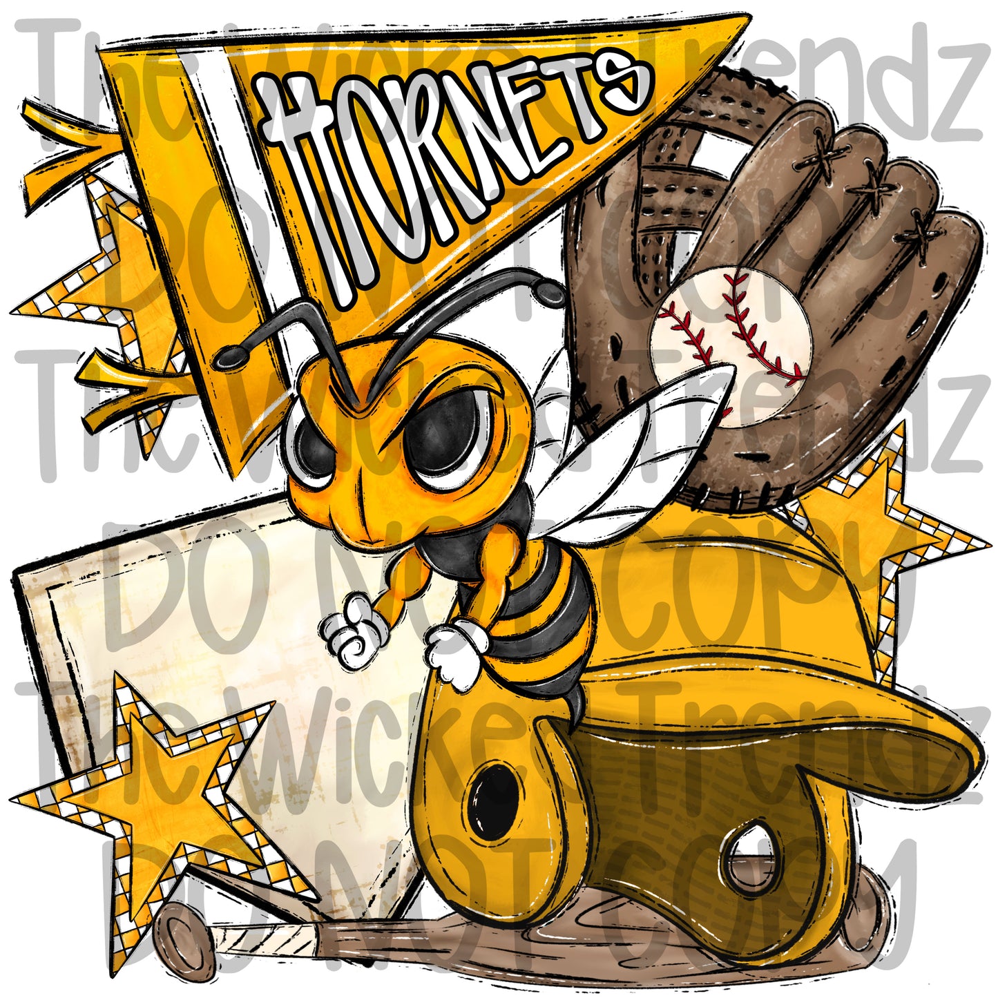 Hornets Yellow Baseball Team Mascot Digital Design