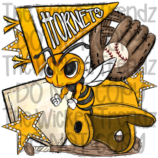 Hornets Yellow Baseball Team Mascot Digital Design