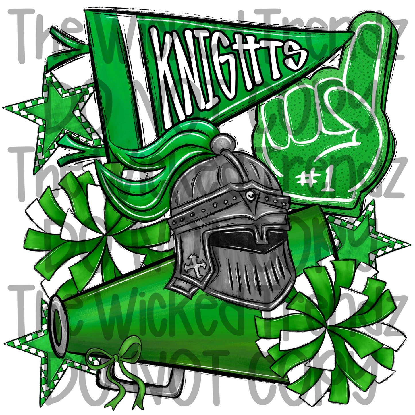 Knights Green Cheer Cheerleading Cheerleader Mascot Digital Design Spirit Shirt Design