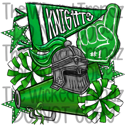 Knights Green Cheer Cheerleading Cheerleader Mascot Digital Design Spirit Shirt Design