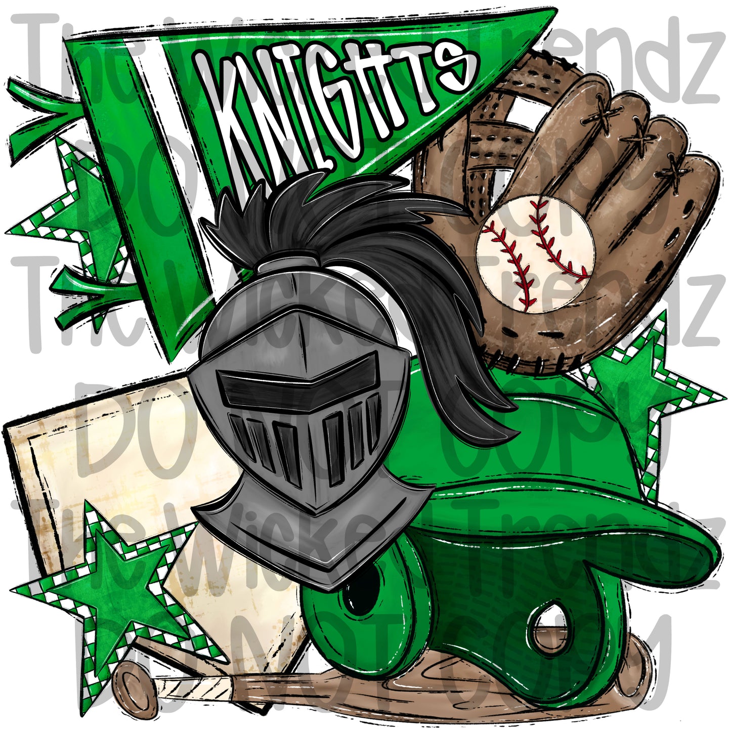 Knights Green Baseball Team Mascot Digital Design