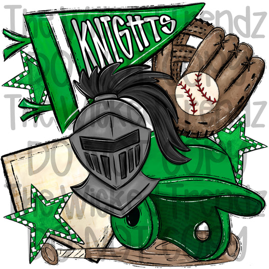 Knights Green Baseball Team Mascot Digital Design