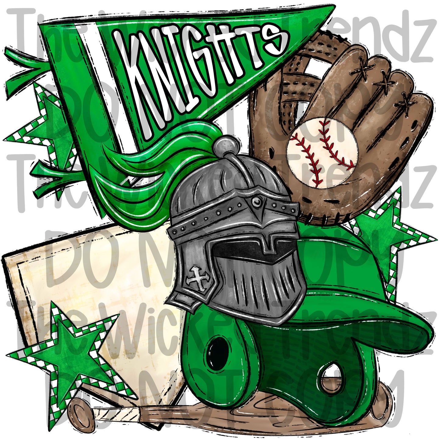 Knights Green Baseball Team Mascot Digital Design