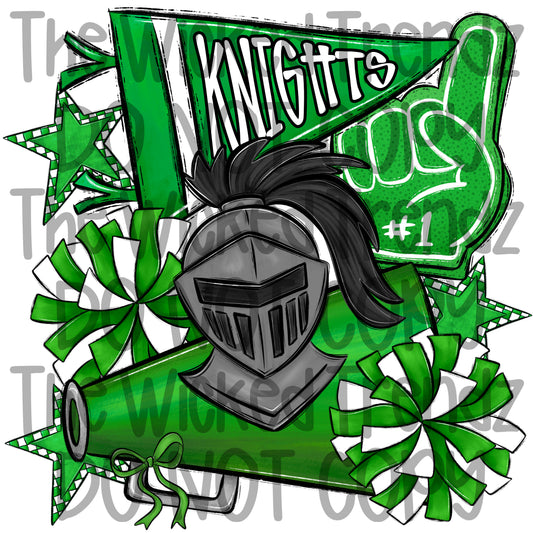 Knights Green Cheer Cheerleading Cheerleader Mascot Digital Design Spirit Shirt Design