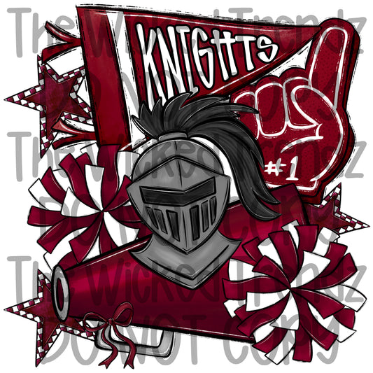 Knights Maroon Cheer Cheerleading Cheerleader Mascot Digital Design Spirit Shirt Design