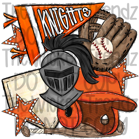 Knights Orange Baseball Team Mascot Digital Design