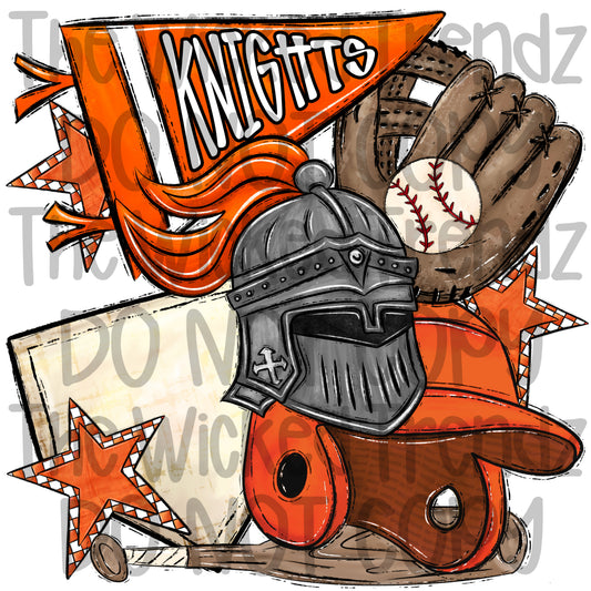 Knights Orange Baseball Team Mascot Digital Design