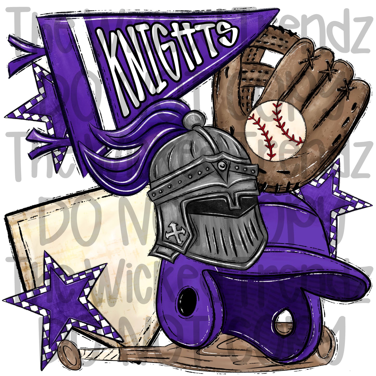 Knights Purple Baseball Team Mascot Digital Design