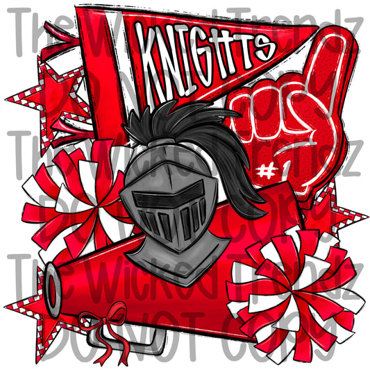 Knights Red Cheer Cheerleading Cheerleader Mascot Digital Design Spirit Shirt Design