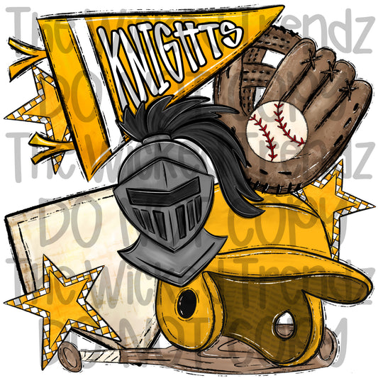 Knights Yellow Baseball Team Mascot Digital Design
