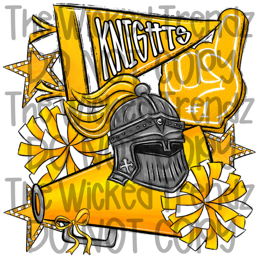 Knights Yellow Cheer Cheerleading Cheerleader Mascot Digital Design Spirit Shirt Design
