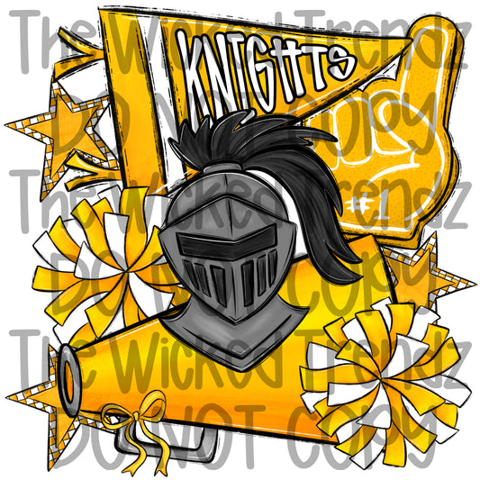 Knights Yellow Cheer Cheerleading Cheerleader Mascot Digital Design Spirit Shirt Design