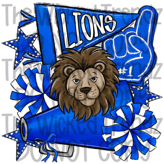 Lions Blue Cheer Cheerleading Cheerleader Mascot Digital Design Spirit Shirt Design