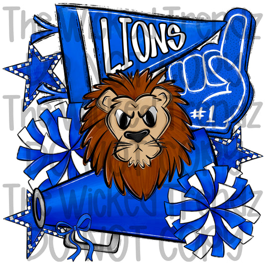 Lions Blue Cheer Cheerleading Cheerleader Mascot Digital Design Spirit Shirt Design