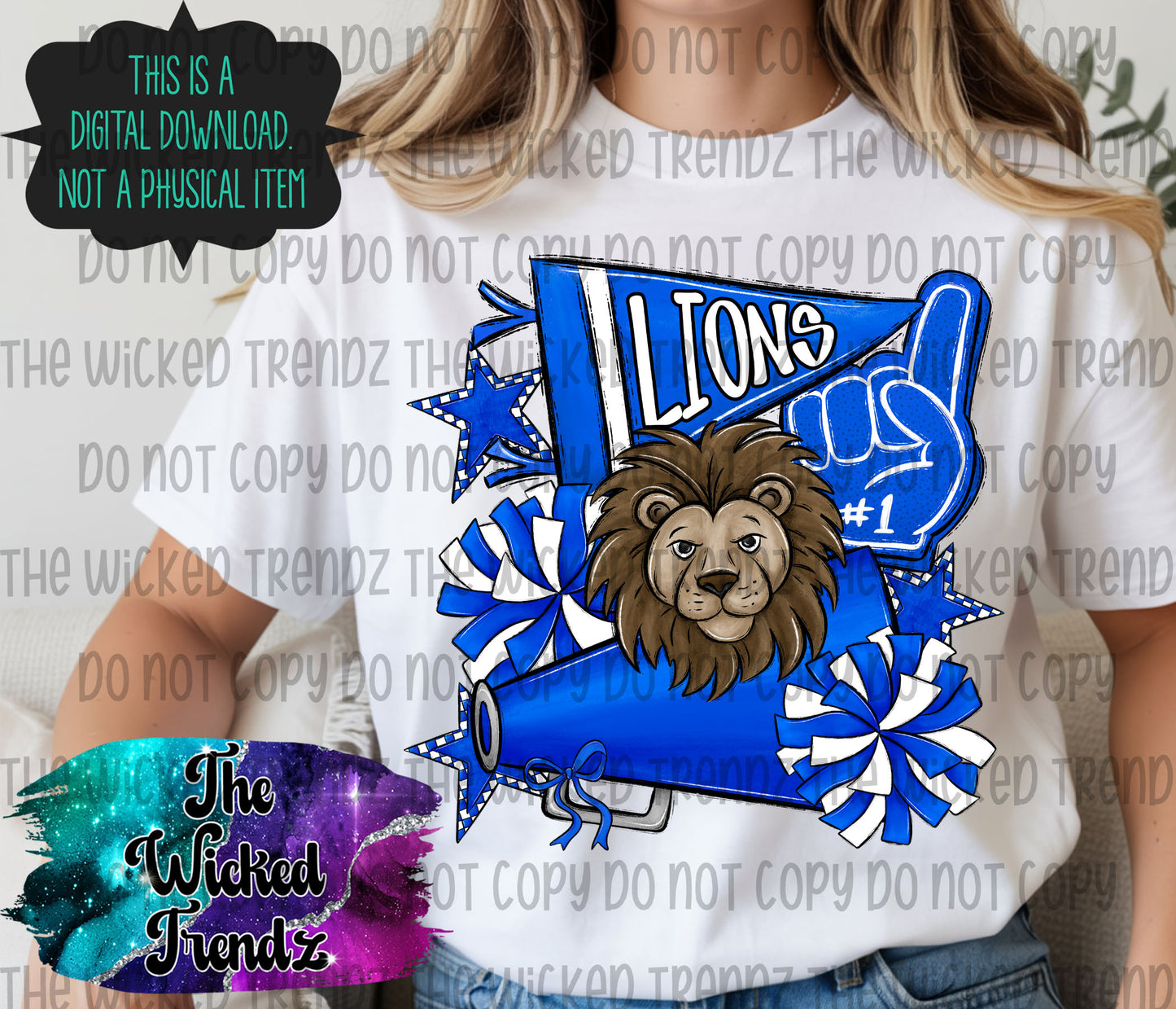Lions Blue Cheer Cheerleading Cheerleader Mascot Digital Design Spirit Shirt Design