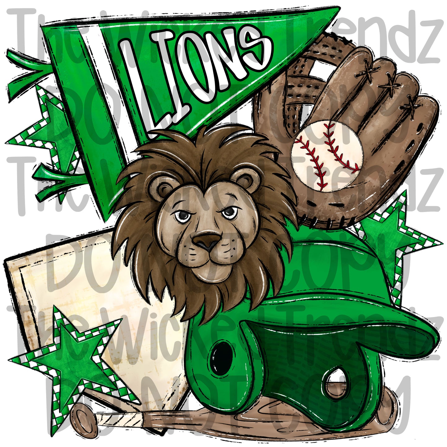 Lions Green Baseball Team Mascot Digital Design