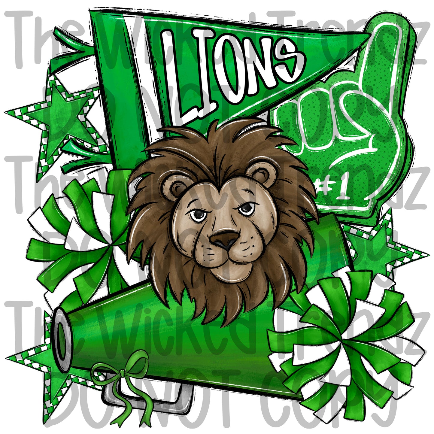 Lions Green Cheer Cheerleading Cheerleader Mascot Digital Design Spirit Shirt Design