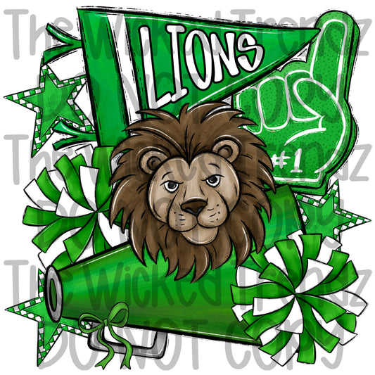 Lions Green Cheer Cheerleading Cheerleader Mascot Digital Design Spirit Shirt Design