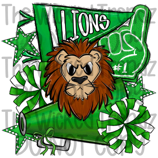 Lions Green Cheer Cheerleading Cheerleader Mascot Digital Design Spirit Shirt Design