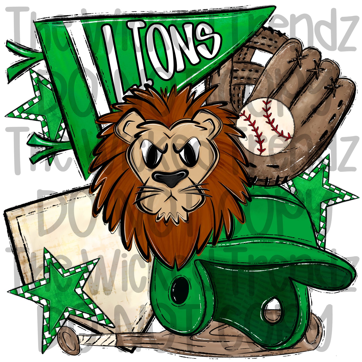 Lions Green Baseball Team Mascot Digital Design