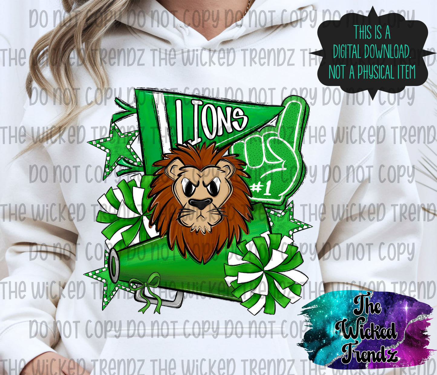 Lions Green Cheer Cheerleading Cheerleader Mascot Digital Design Spirit Shirt Design