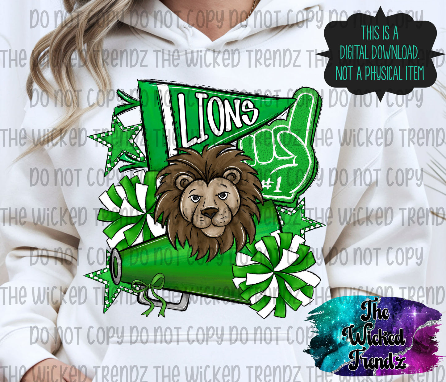 Lions Green Cheer Cheerleading Cheerleader Mascot Digital Design Spirit Shirt Design