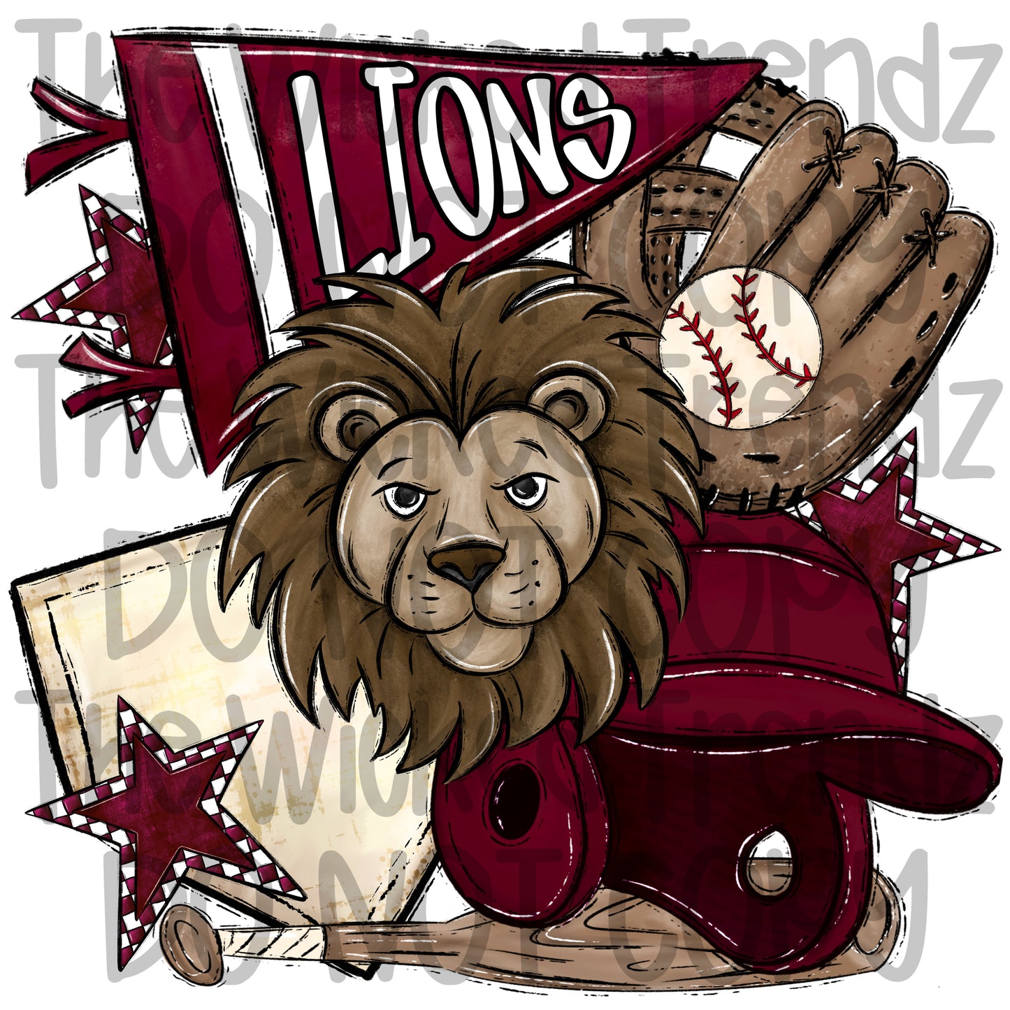 Lions Maroon Baseball Team Mascot Digital Design
