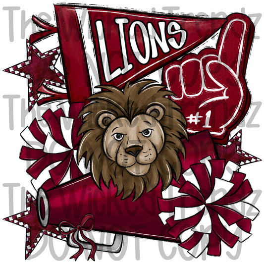 Lions Maroon Cheer Cheerleading Cheerleader Mascot Digital Design Spirit Shirt Design