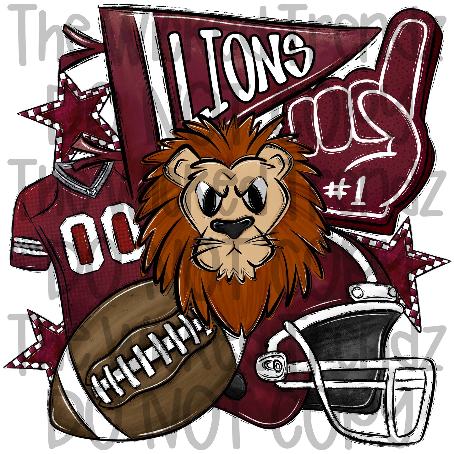 Lions Maroon Football Mascot Digital Design