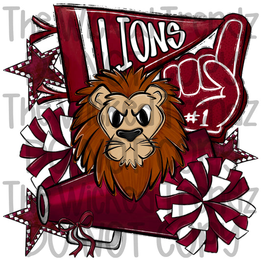 Lions Maroon Cheer Cheerleading Cheerleader Mascot Digital Design Spirit Shirt Design