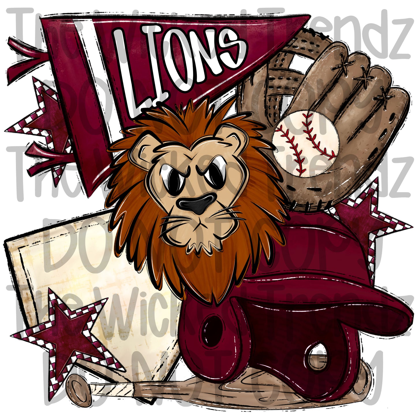 Lions Maroon Baseball Team Mascot Digital Design