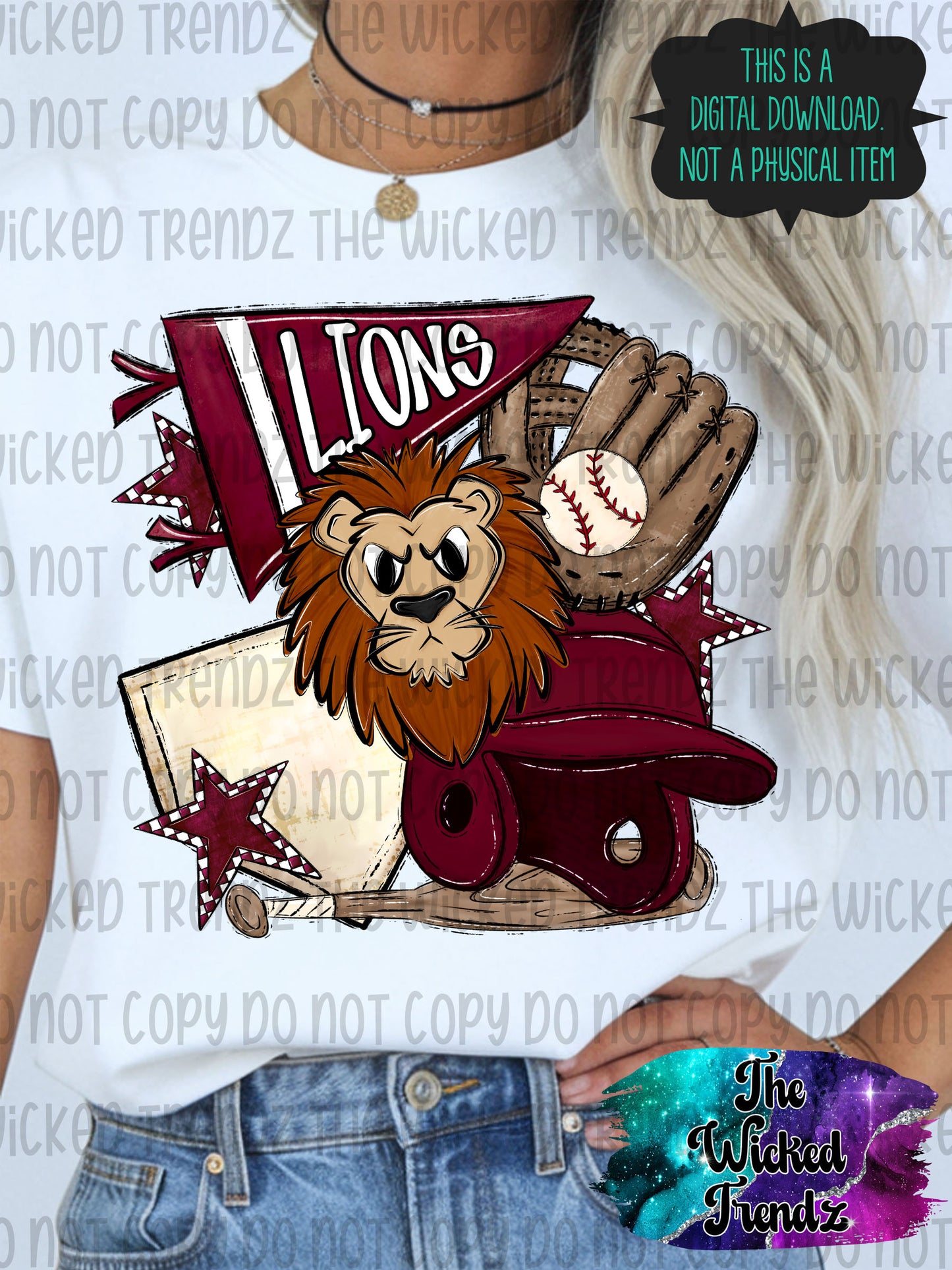 Lions Maroon Baseball Team Mascot Digital Design