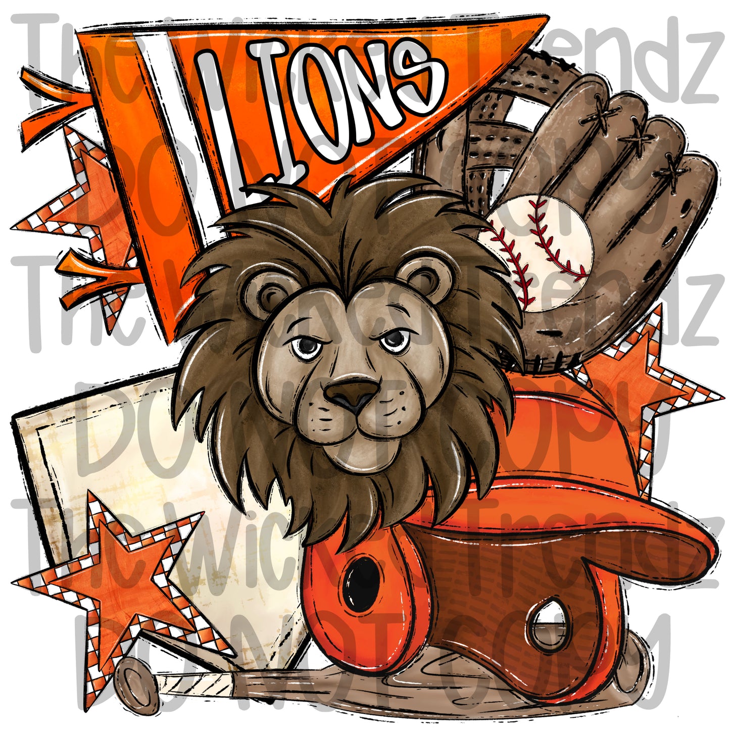 Lions Orange Baseball Team Mascot Digital Design