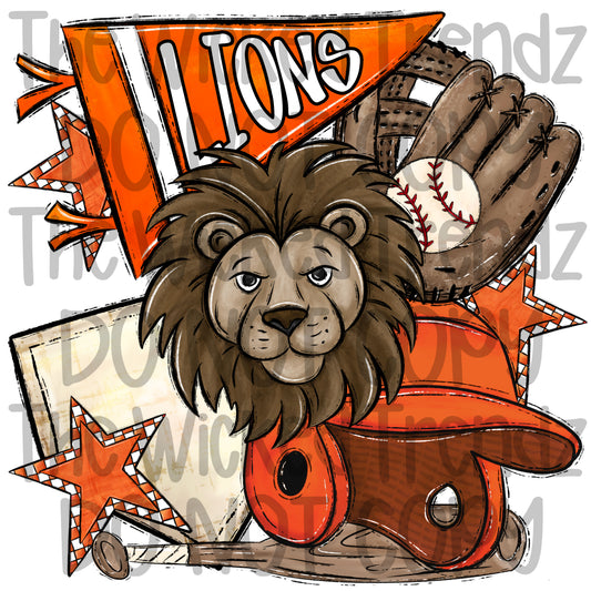 Lions Orange Baseball Team Mascot Digital Design