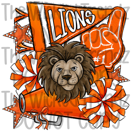 Lions Orange Cheer Cheerleading Cheerleader Mascot Digital Design Spirit Shirt Design