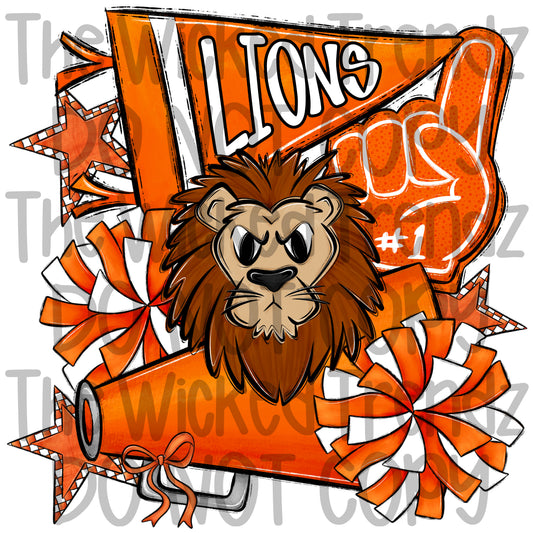 Lions Orange Cheer Cheerleading Cheerleader Mascot Digital Design Spirit Shirt Design