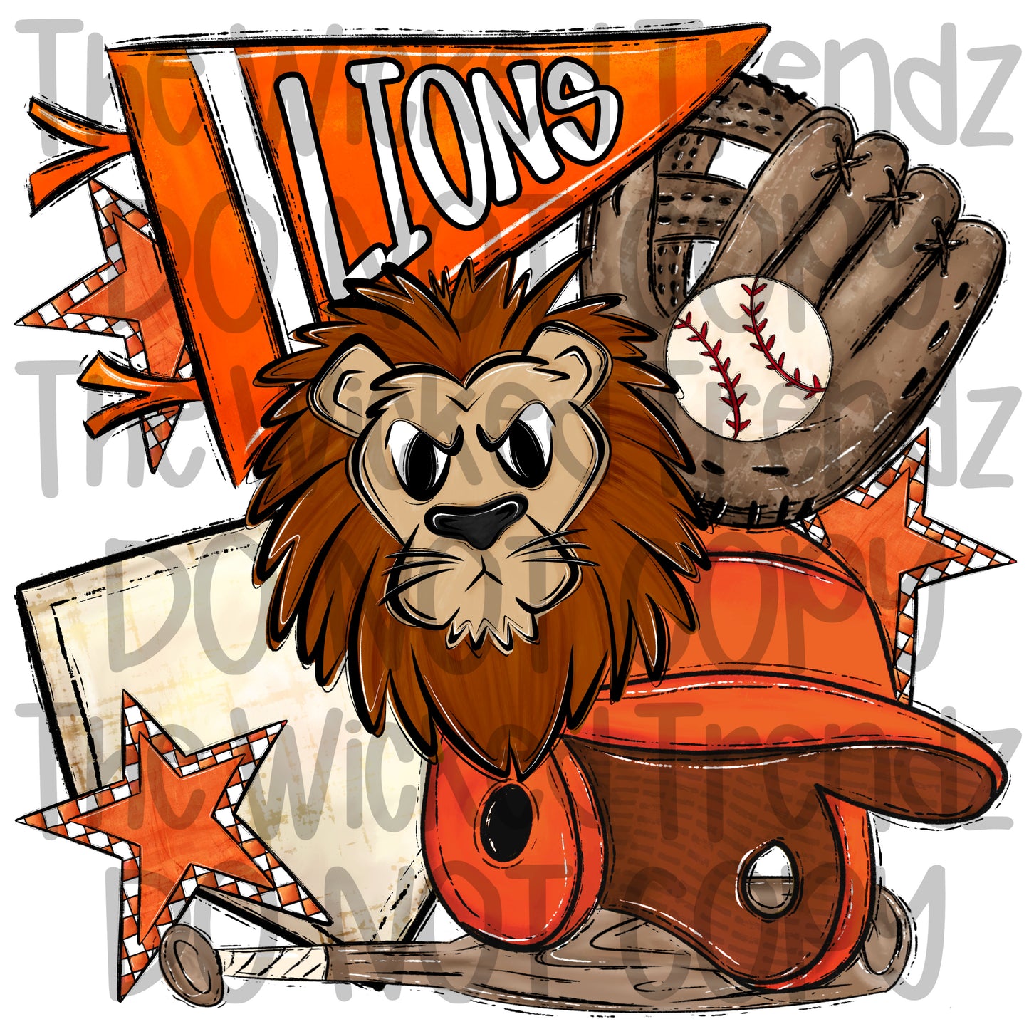 Lions Orange Baseball Team Mascot Digital Design