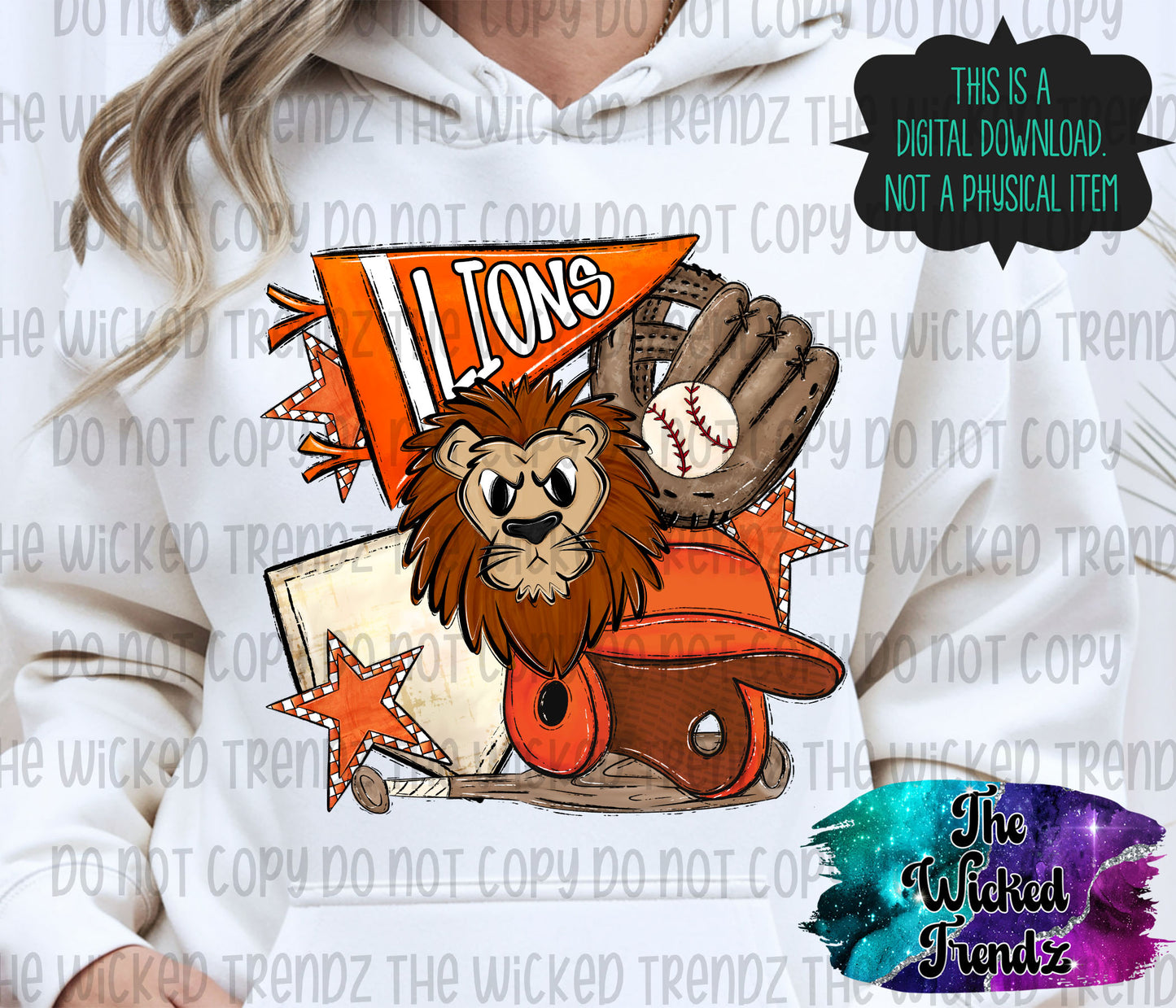 Lions Orange Baseball Team Mascot Digital Design